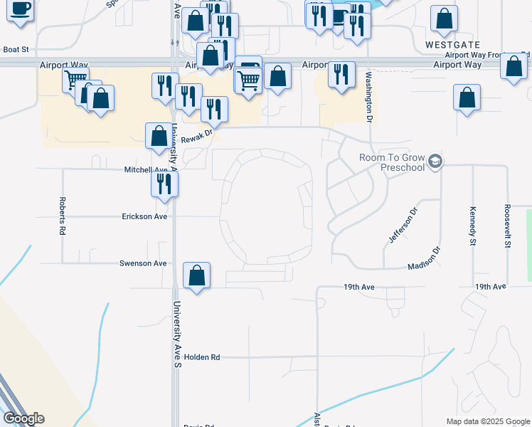 map of restaurants, bars, coffee shops, grocery stores, and more near 1717 University Ave S in Fairbanks