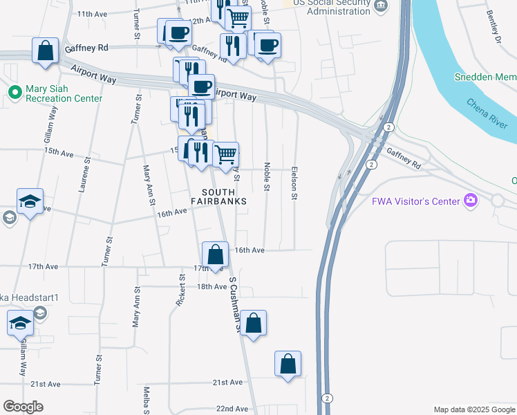 map of restaurants, bars, coffee shops, grocery stores, and more near 1534 Noble Street in Fairbanks