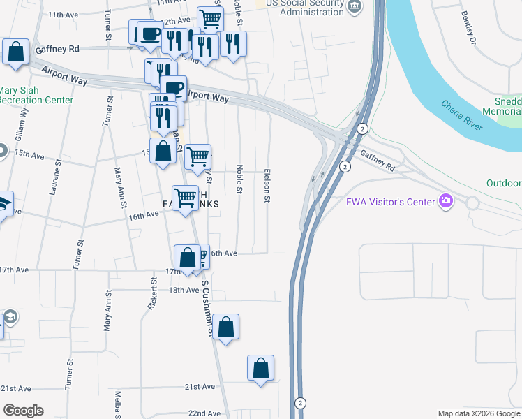 map of restaurants, bars, coffee shops, grocery stores, and more near 1536 Eielson Street in Fairbanks