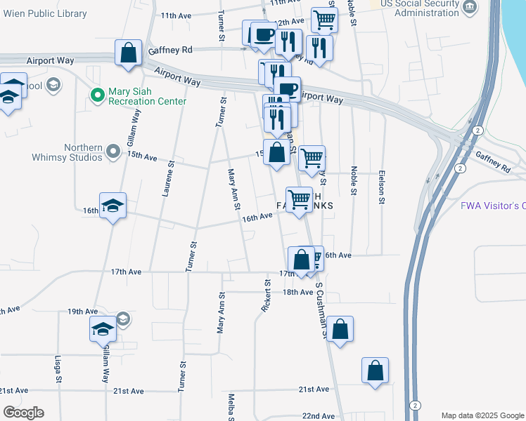 map of restaurants, bars, coffee shops, grocery stores, and more near 712 16th Avenue in Fairbanks