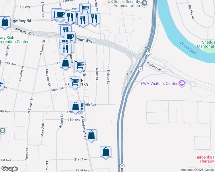 map of restaurants, bars, coffee shops, grocery stores, and more near 1542 Eielson Street in Fairbanks