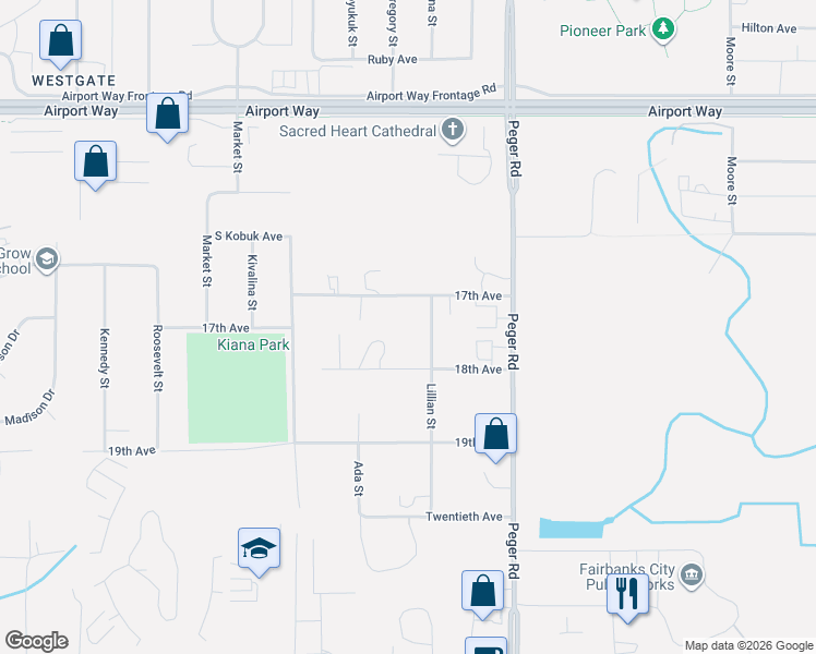 map of restaurants, bars, coffee shops, grocery stores, and more near 2602 18th Avenue in Fairbanks