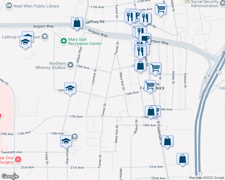 map of restaurants, bars, coffee shops, grocery stores, and more near 750 16th Avenue in Fairbanks