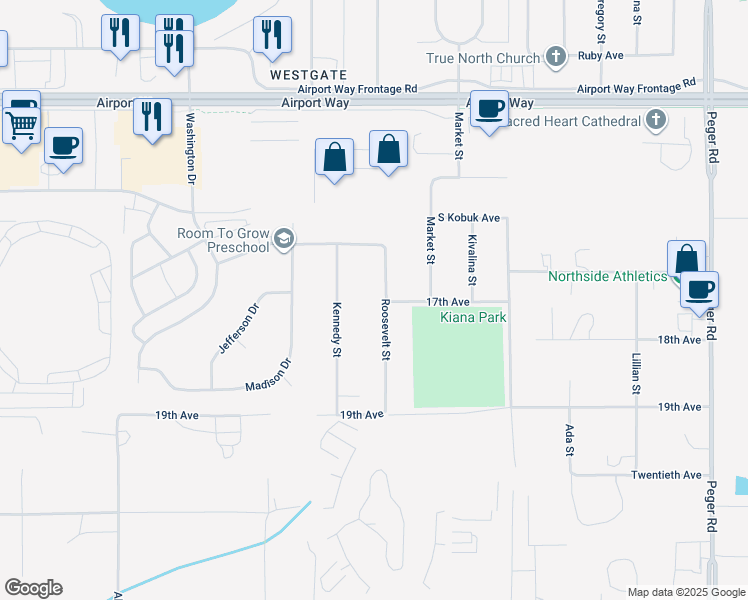 map of restaurants, bars, coffee shops, grocery stores, and more near 1612 Roosevelt Street in Fairbanks