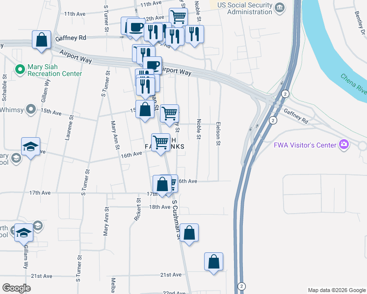 map of restaurants, bars, coffee shops, grocery stores, and more near 1533 Lacey Street in Fairbanks