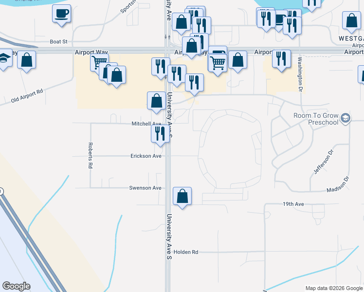 map of restaurants, bars, coffee shops, grocery stores, and more near 1617 University Avenue South in Fairbanks