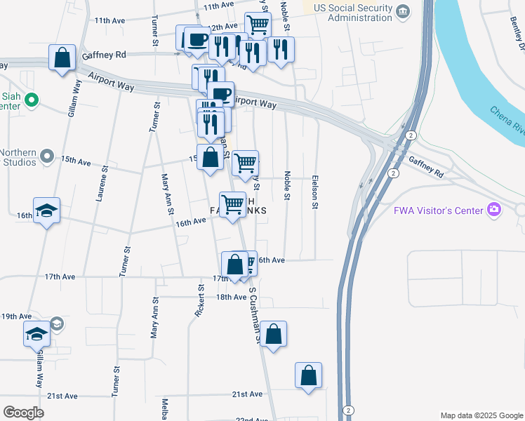 map of restaurants, bars, coffee shops, grocery stores, and more near 1533 Lacey Street in Fairbanks