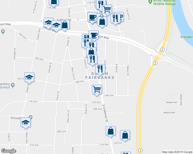 map of restaurants, bars, coffee shops, grocery stores, and more near 1550 South Cushman Street in Fairbanks