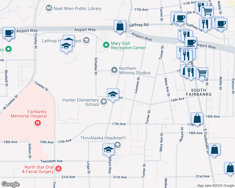 map of restaurants, bars, coffee shops, grocery stores, and more near 1585 Gillam Way in Fairbanks