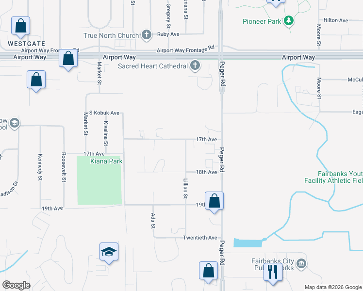 map of restaurants, bars, coffee shops, grocery stores, and more near 1766 Lillian Street in Fairbanks
