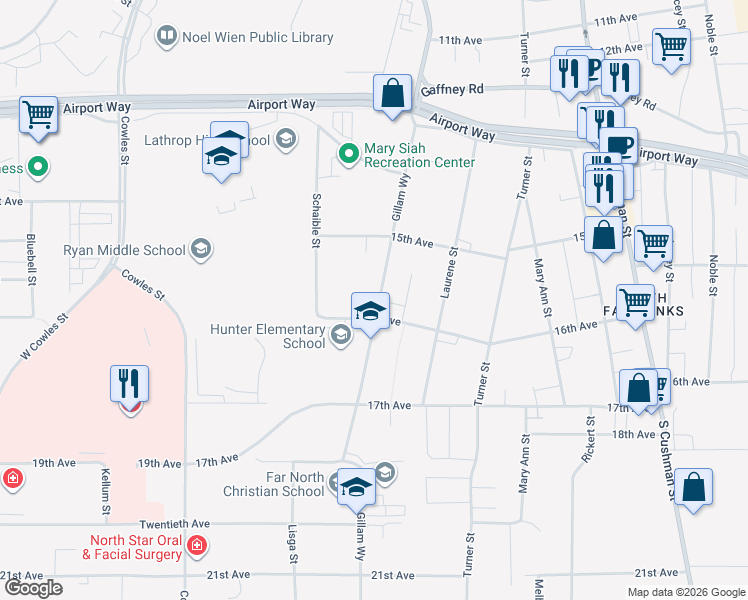 map of restaurants, bars, coffee shops, grocery stores, and more near 1565 Gillam Way in Fairbanks