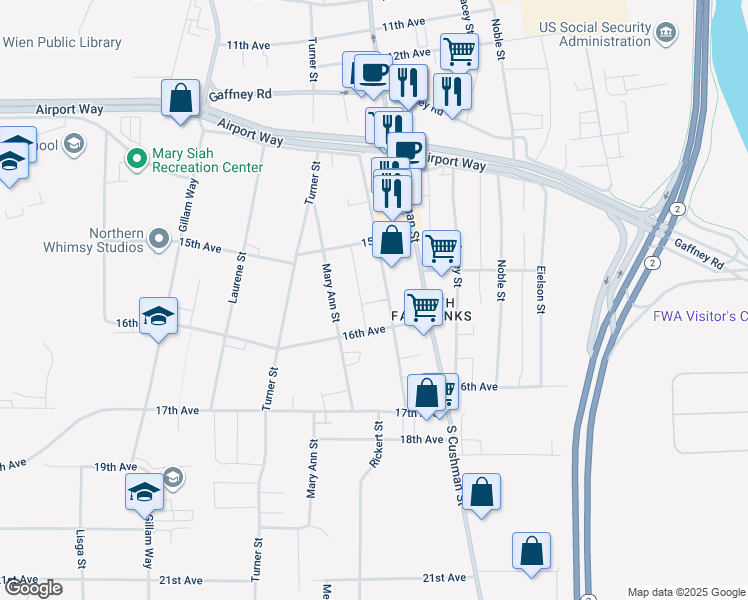 map of restaurants, bars, coffee shops, grocery stores, and more near 1536 Stacia Street in Fairbanks