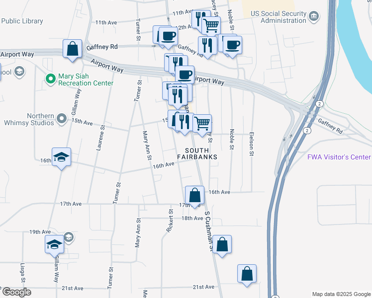 map of restaurants, bars, coffee shops, grocery stores, and more near 1550 South Cushman Street in Fairbanks