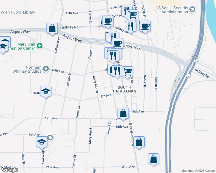 map of restaurants, bars, coffee shops, grocery stores, and more near 1610 Stacia Street in Fairbanks