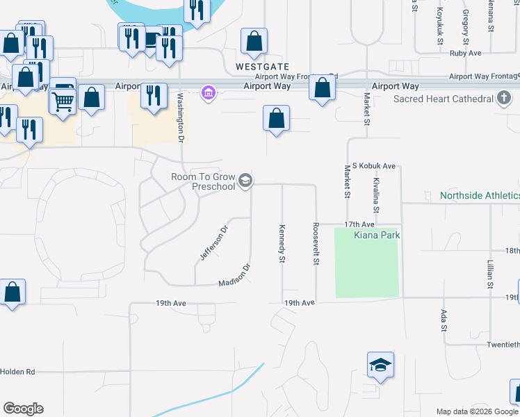map of restaurants, bars, coffee shops, grocery stores, and more near 1611 Madison Drive in Fairbanks