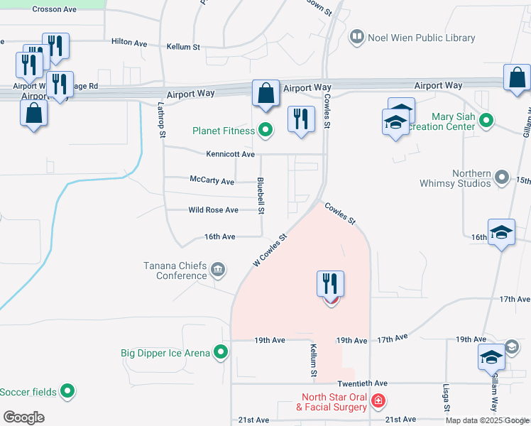 map of restaurants, bars, coffee shops, grocery stores, and more near 1555 Bluebell Street in Fairbanks