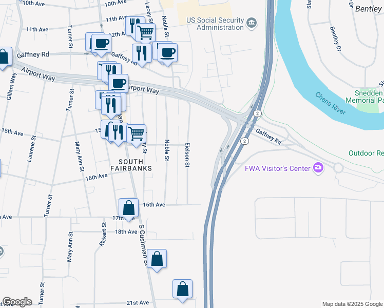 map of restaurants, bars, coffee shops, grocery stores, and more near 1517 Eielson Street in Fairbanks