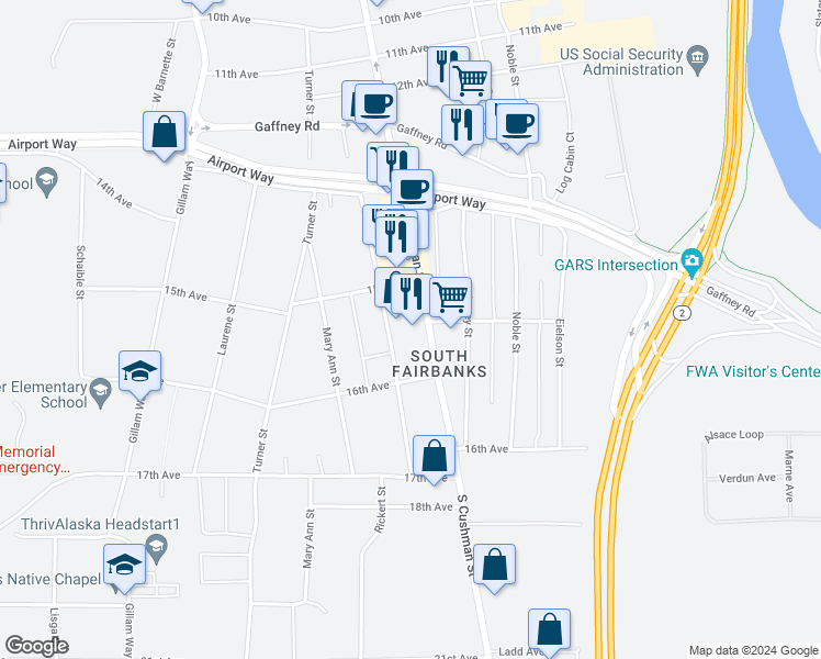map of restaurants, bars, coffee shops, grocery stores, and more near 1512 South Cushman Street in Fairbanks