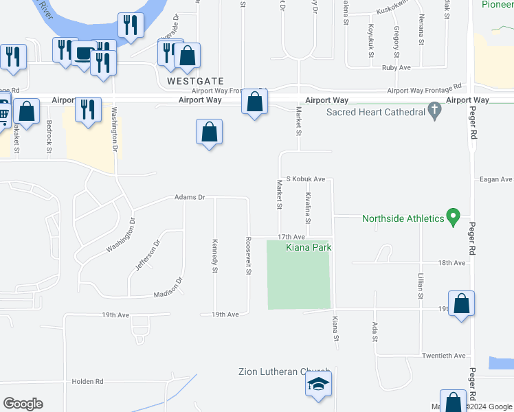 map of restaurants, bars, coffee shops, grocery stores, and more near 1603 Roosevelt Street in Fairbanks