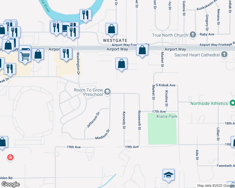 map of restaurants, bars, coffee shops, grocery stores, and more near 3270 Adams Drive in Fairbanks