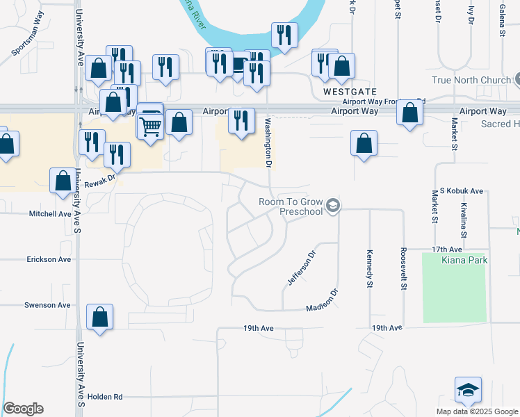 map of restaurants, bars, coffee shops, grocery stores, and more near 1600 Washington Drive in Fairbanks