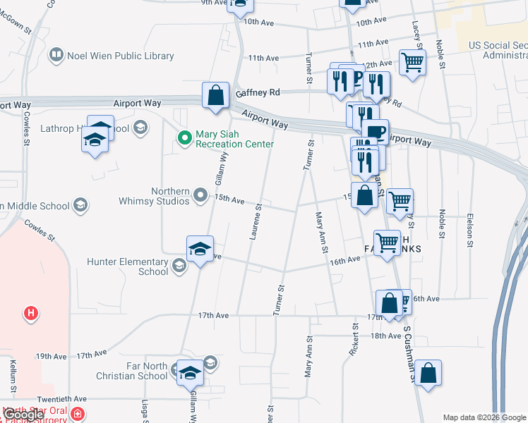 map of restaurants, bars, coffee shops, grocery stores, and more near 1461 Laurene Street in Fairbanks
