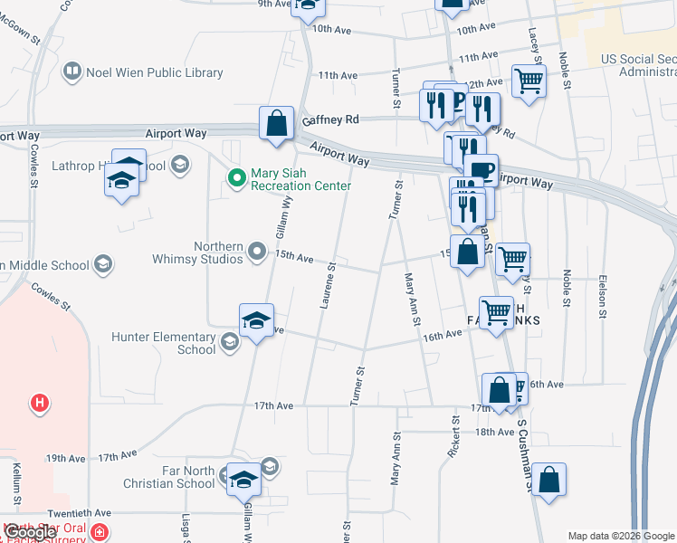 map of restaurants, bars, coffee shops, grocery stores, and more near 1461 Laurene Street in Fairbanks
