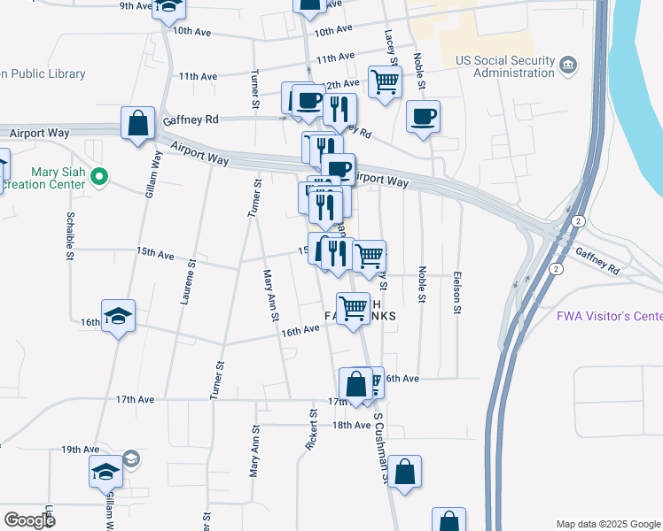 map of restaurants, bars, coffee shops, grocery stores, and more near 1512 South Cushman Street in Fairbanks