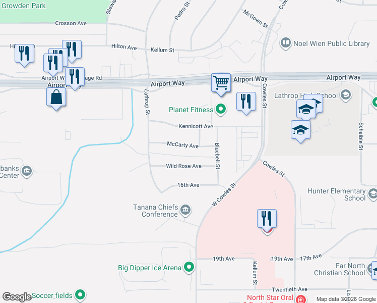 map of restaurants, bars, coffee shops, grocery stores, and more near 1217 McCarty Avenue in Fairbanks