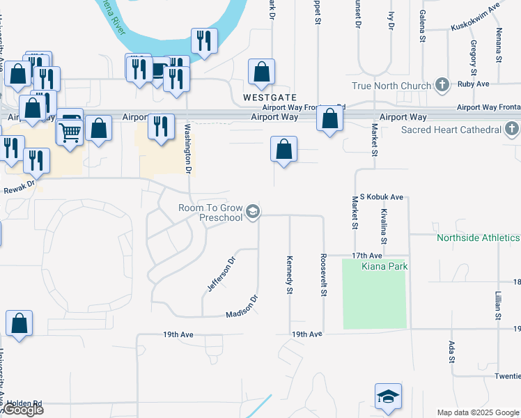 map of restaurants, bars, coffee shops, grocery stores, and more near 3282 Adams Drive in Fairbanks