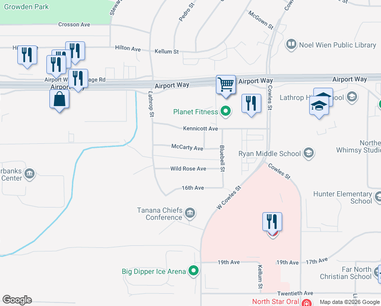 map of restaurants, bars, coffee shops, grocery stores, and more near 1215 McCarty Avenue in Fairbanks