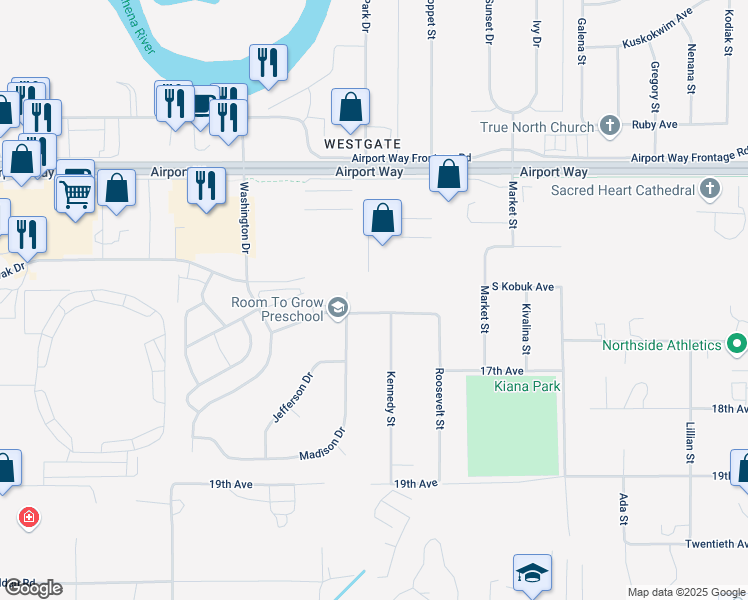 map of restaurants, bars, coffee shops, grocery stores, and more near 3270 Adams Drive in Fairbanks