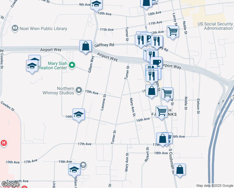 map of restaurants, bars, coffee shops, grocery stores, and more near 1464 Turner Street in Fairbanks