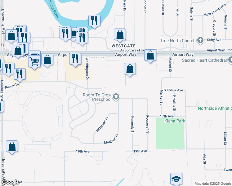 map of restaurants, bars, coffee shops, grocery stores, and more near 3282 Adams Drive in Fairbanks