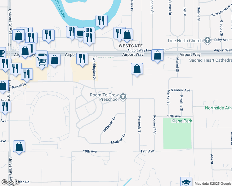 map of restaurants, bars, coffee shops, grocery stores, and more near 3284 Adams Drive in Fairbanks