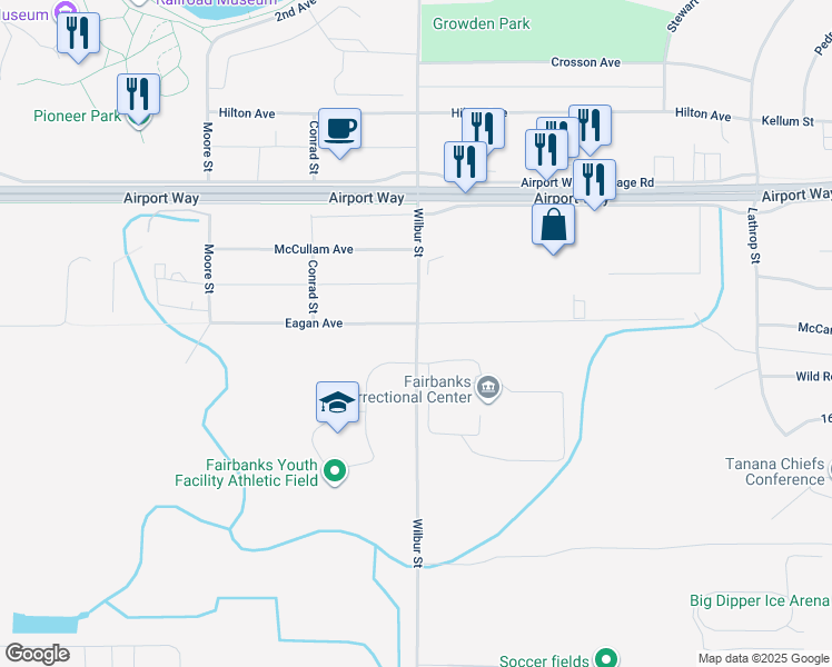 map of restaurants, bars, coffee shops, grocery stores, and more near 1502 Wilbur Street in Fairbanks