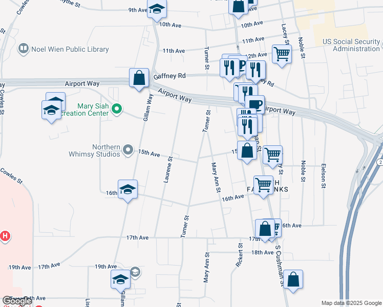 map of restaurants, bars, coffee shops, grocery stores, and more near 1464 Turner Street in Fairbanks