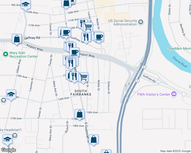map of restaurants, bars, coffee shops, grocery stores, and more near 1458 Noble Street in Fairbanks