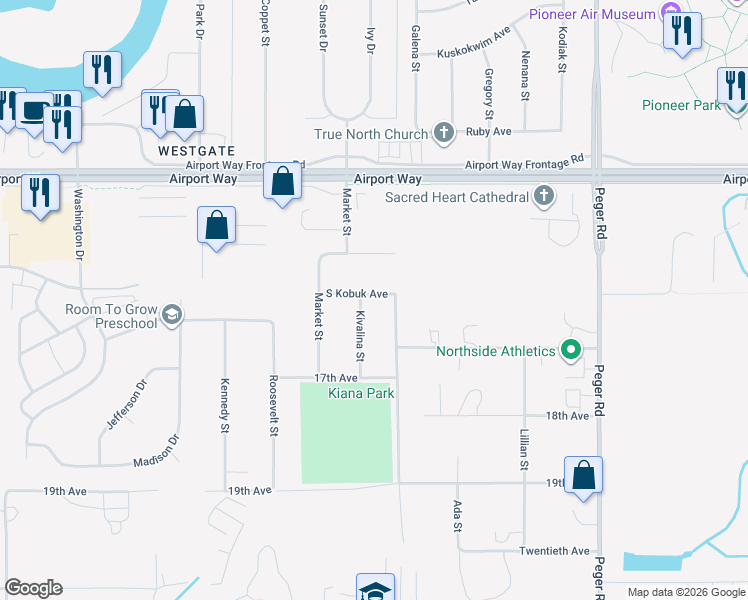 map of restaurants, bars, coffee shops, grocery stores, and more near 1608 Kiana Street in Fairbanks