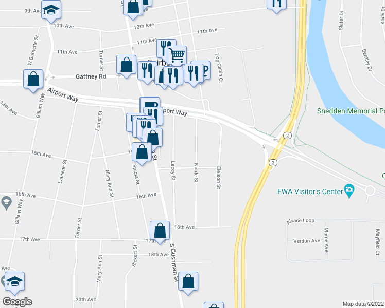 map of restaurants, bars, coffee shops, grocery stores, and more near 1458 Noble Street in Fairbanks
