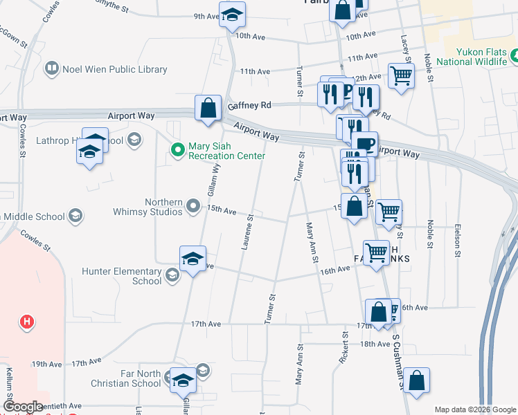 map of restaurants, bars, coffee shops, grocery stores, and more near 1461 Laurene Street in Fairbanks