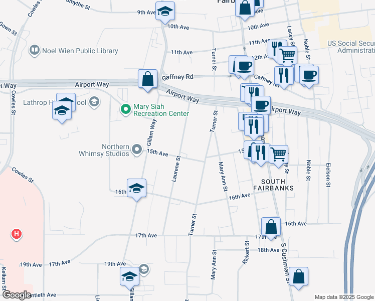 map of restaurants, bars, coffee shops, grocery stores, and more near 1461 Laurene Street in Fairbanks