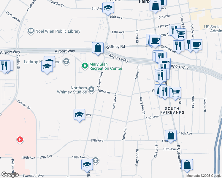 map of restaurants, bars, coffee shops, grocery stores, and more near 900 15th Avenue in Fairbanks