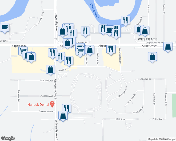 map of restaurants, bars, coffee shops, grocery stores, and more near 3483 Rewak Drive in Fairbanks