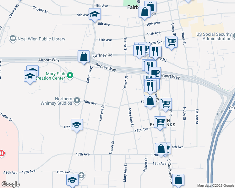 map of restaurants, bars, coffee shops, grocery stores, and more near 1464 Turner Street in Fairbanks