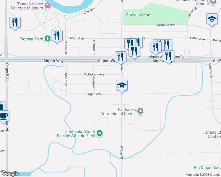 map of restaurants, bars, coffee shops, grocery stores, and more near 2024 Eagan Avenue in Fairbanks