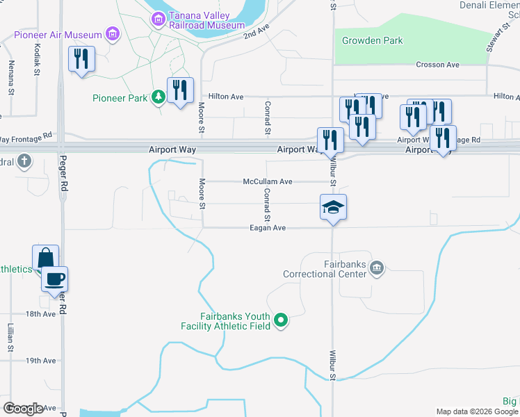 map of restaurants, bars, coffee shops, grocery stores, and more near 1414 Conrad Street in Fairbanks