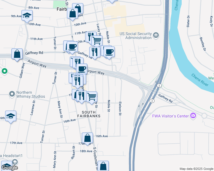 map of restaurants, bars, coffee shops, grocery stores, and more near 1436 Noble Street in Fairbanks