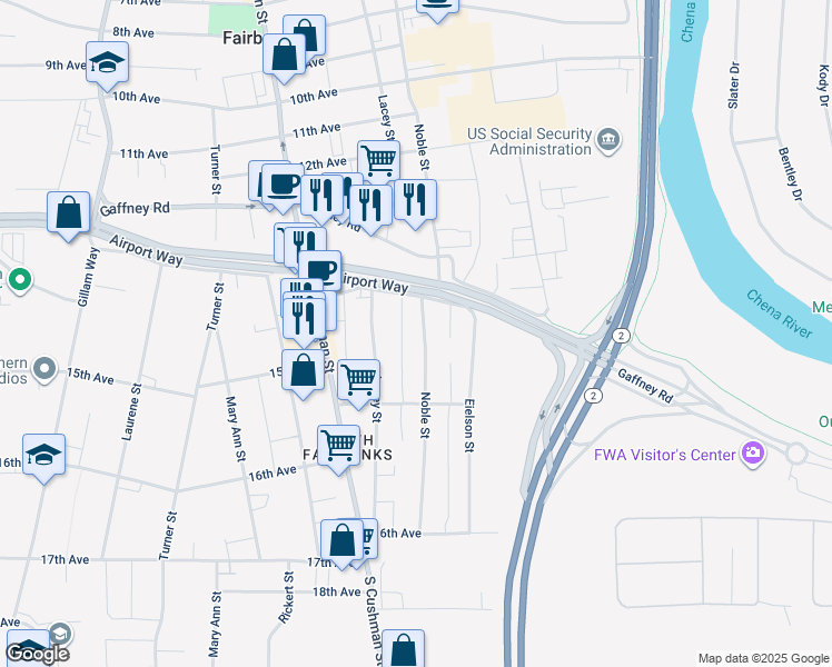 map of restaurants, bars, coffee shops, grocery stores, and more near 1458 Noble Street in Fairbanks