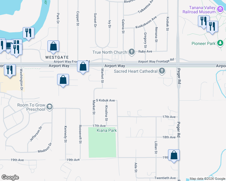 map of restaurants, bars, coffee shops, grocery stores, and more near 1608 Kiana Street in Fairbanks